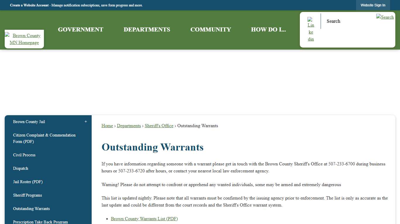 Outstanding Warrants | Brown County, MN